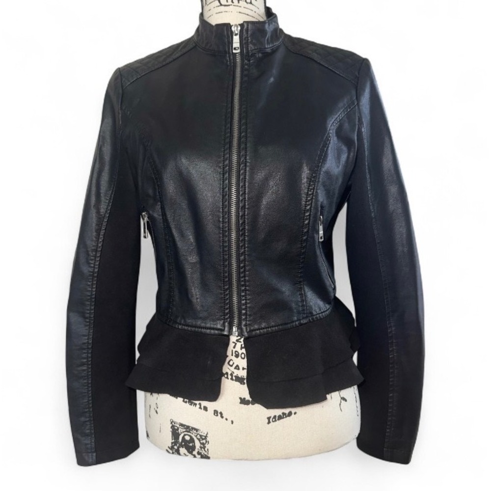 LA‎ Coalition Black Faux Leather Moto Peplum Jacket Womens Size Medium